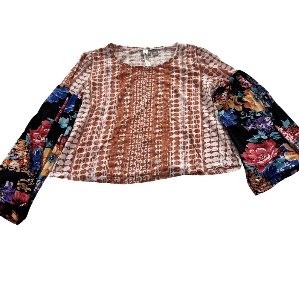 Chicos Boho Blouse with Floral Bell Sleeves & Geometric Print M/L